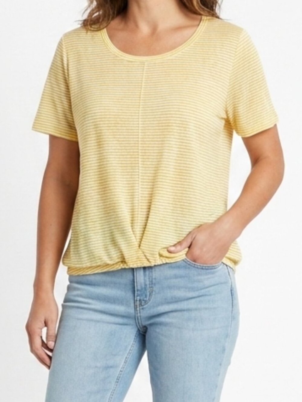 Tahari Striped Linen Hem Tie Yellow & White Tee NEW- Sz. Med